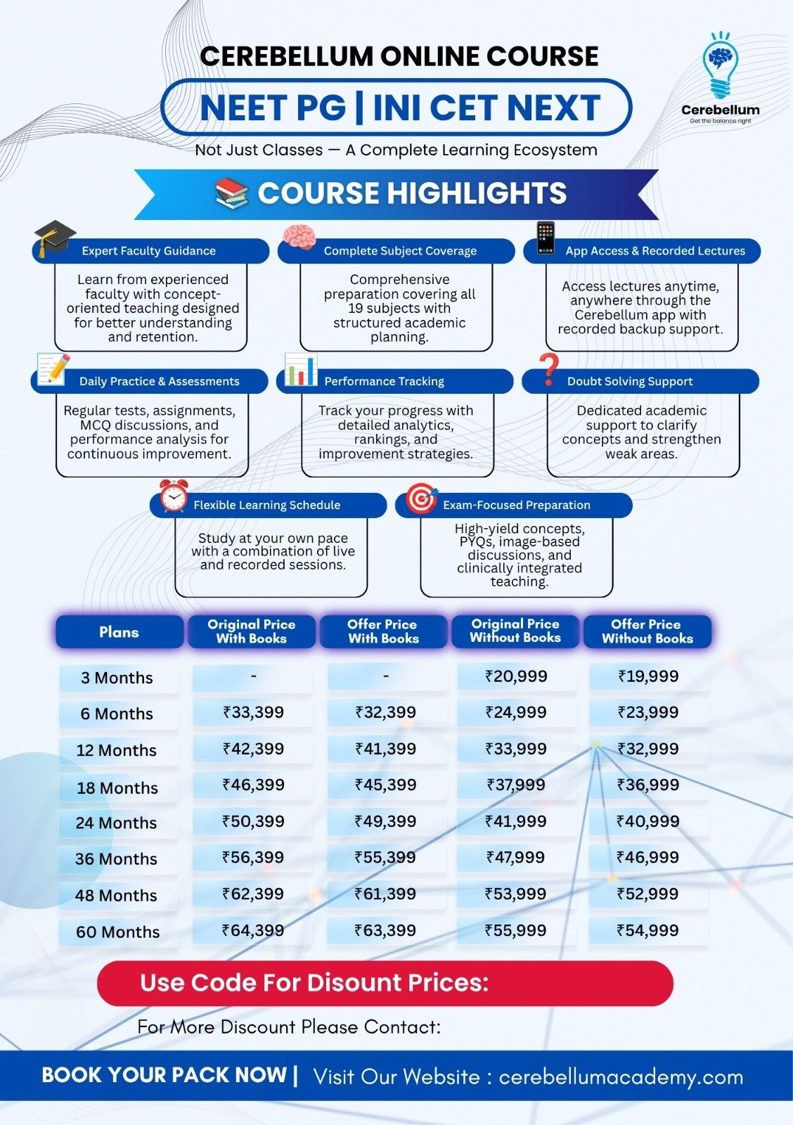 Cerebellum INI CET NEXT and NEET PG course highlights and pricing creative